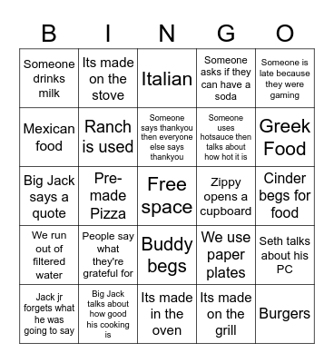 Dinner Time Bingo Card