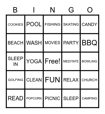 THINGS TO DO ON THE WEEKEND BINGO Card