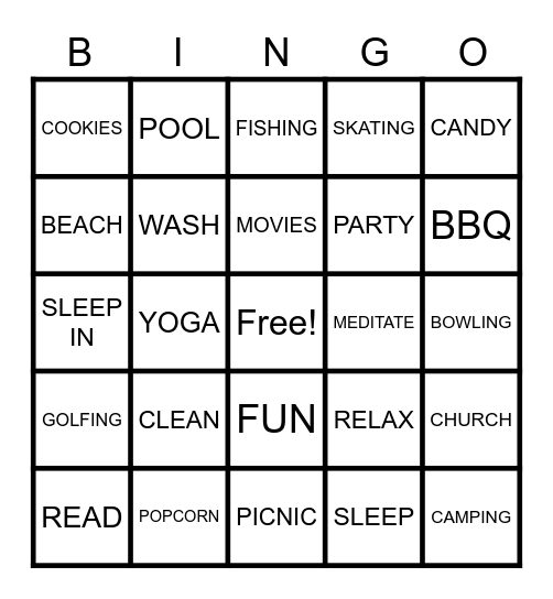 THINGS TO DO ON THE WEEKEND BINGO Card