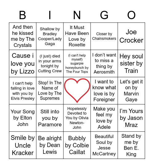 Valentine's Day Name that Tune Bingo! Bingo Card