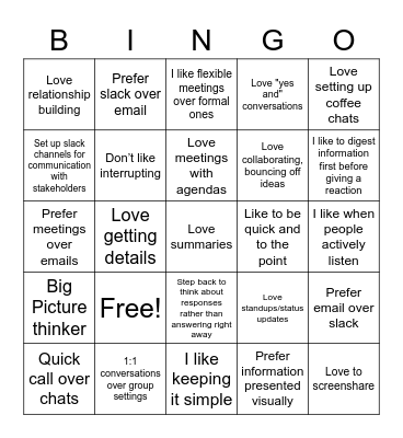 Communications Style Bingo Card