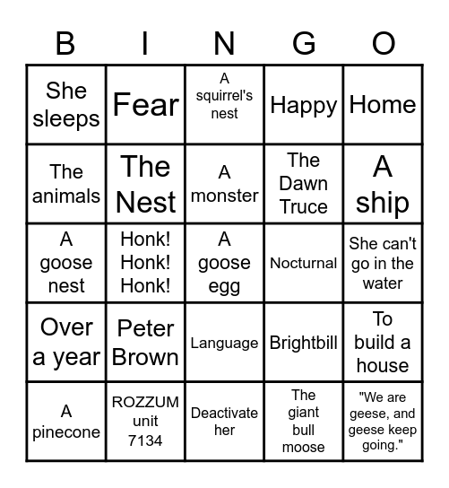 The Wild Robot Bingo Card