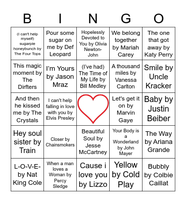 Name that Tune Bingo! Valentine's Day Edition Bingo Card