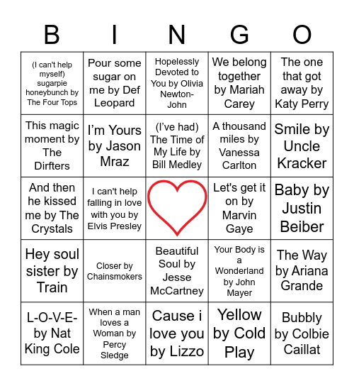 Name that Tune Bingo! Valentine's Day Edition Bingo Card