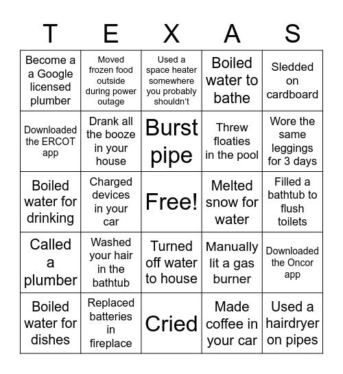 Texas Snowpacolypse Bingo Card