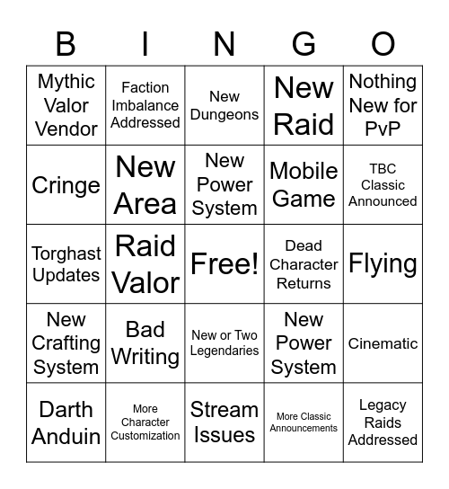 WoW BlizzCon 2021 Bingo Card