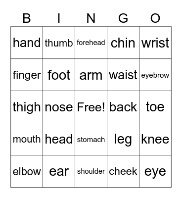 Body Part Vocabulary Bingo Card