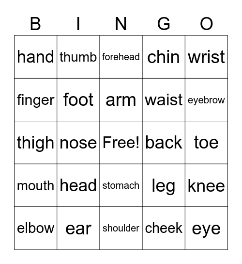 Body Part Vocabulary Bingo Card