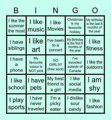 Go Girls Introduction!! Bingo Card