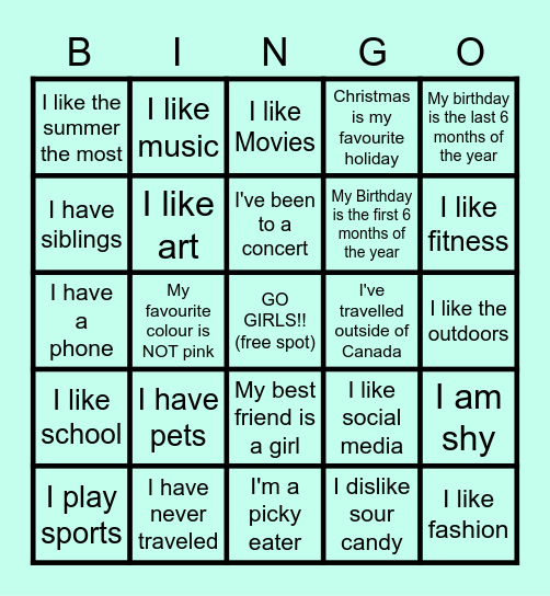 Go Girls Introduction!! Bingo Card