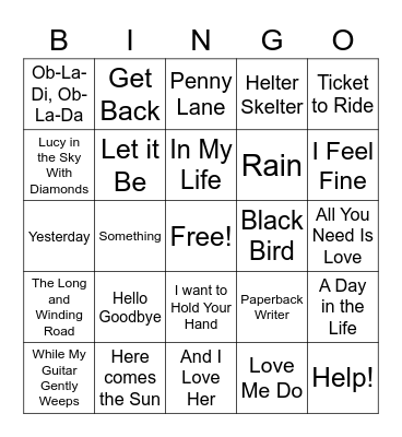 Beatles Songs Bingo Card
