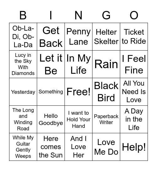 Beatles Songs Bingo Card