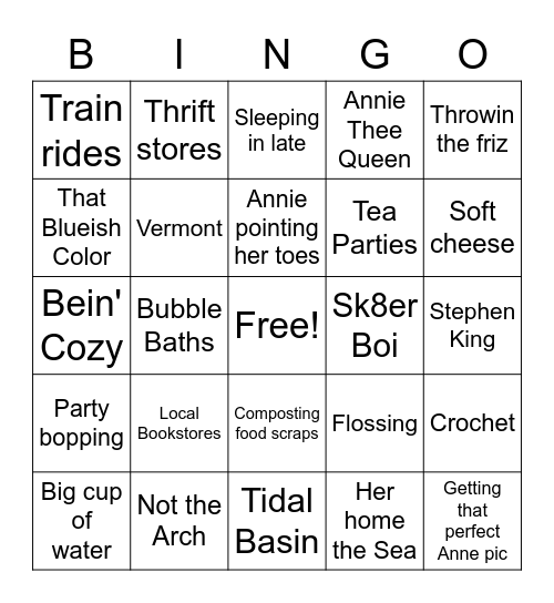 Jacque's Favorite Thingo Bingo Card