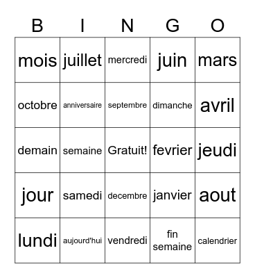 Les jours et les mois Bingo Card