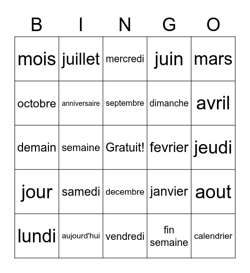 Les jours et les mois Bingo Card