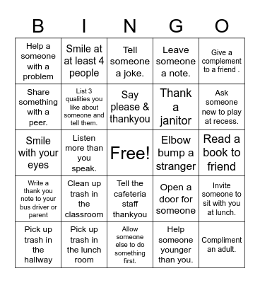 Random Acts of Kindness Bingo Card