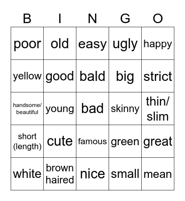 FR 9 ADJECTIVES Bingo Card