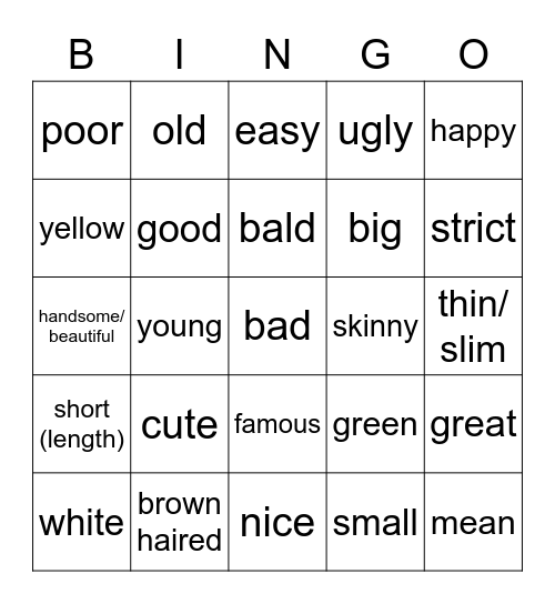 FR 9 ADJECTIVES Bingo Card