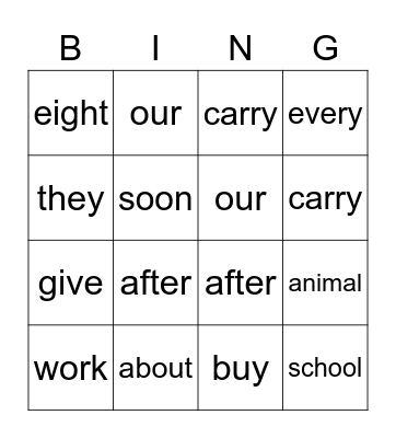 Sight Word Bingo Card