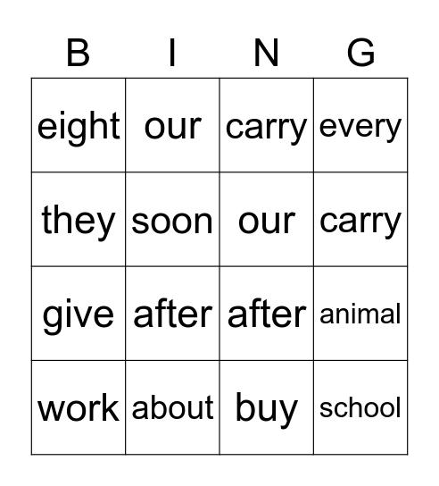 Sight Word Bingo Card