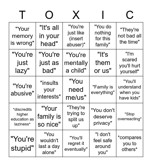 Toxic Family Bingo Card
