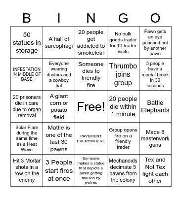 BPL Rimworld Bingo Card Bingo Card