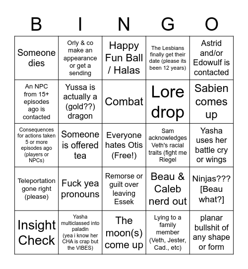 Critical Role Campaign 2 Episode 126 Bingo Card