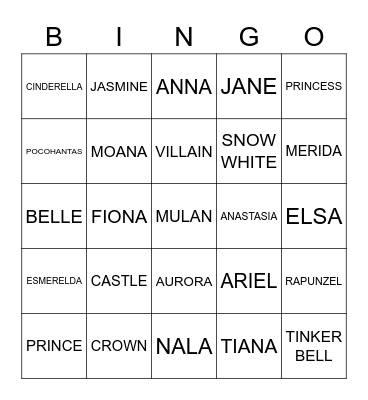 Disney Princess Bingo Card