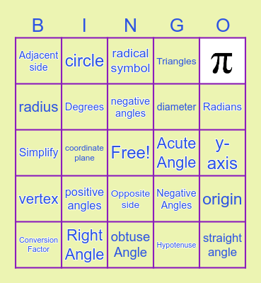 Trig Vocabulary Bingo Card