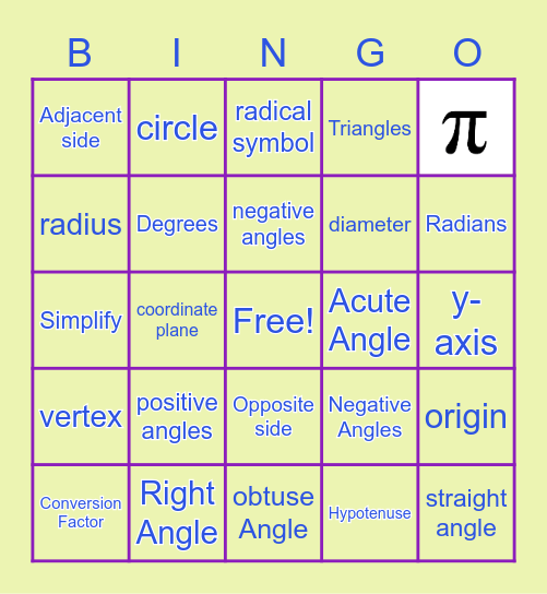 Trig Vocabulary Bingo Card