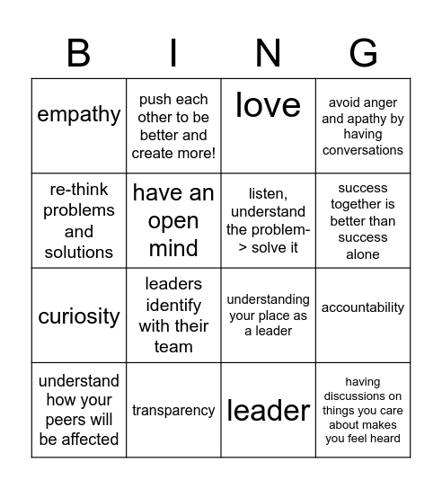 Leadership Bingo! Bingo Card