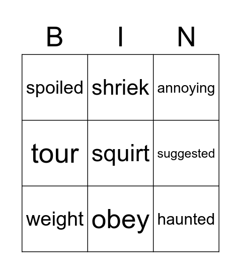 2B-Most Regular Three-Syllable Words Bingo Card