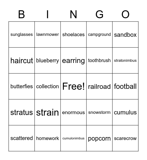 Spelling Words Bingo Card