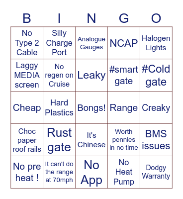 MG EV bingo card Bingo Card