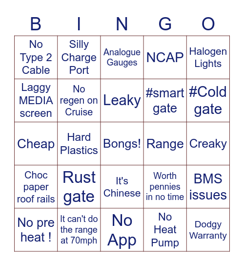 MG EV bingo card Bingo Card