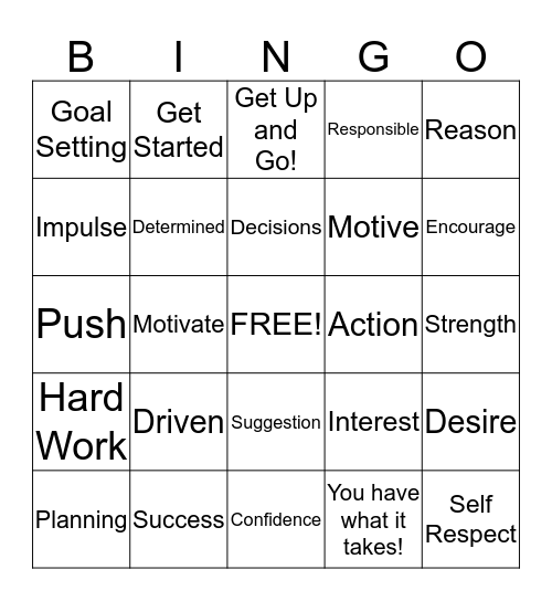 Self Motivation Bingo Card