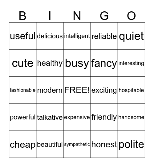 Chapter 5 Vocabulary Bingo Card