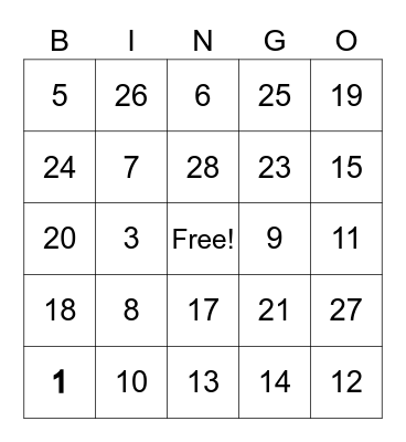 Addition Math Bingo Card