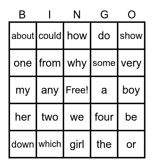 Memory Word Bingo Card