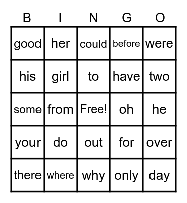 Memory Word Bingo Card