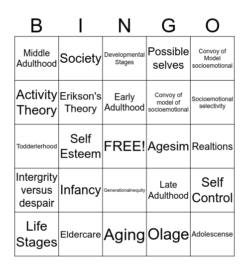 Late Adulthood Bingo Card