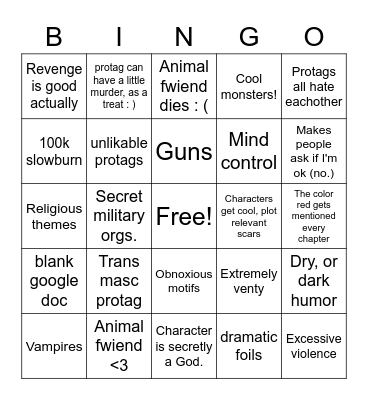 Mile's Writing Bingo Card