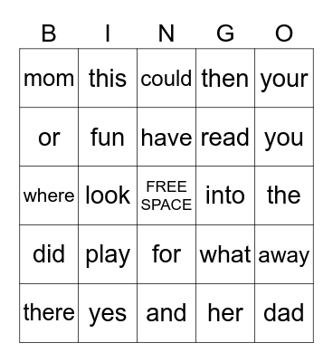 Sight Words Bingo Card