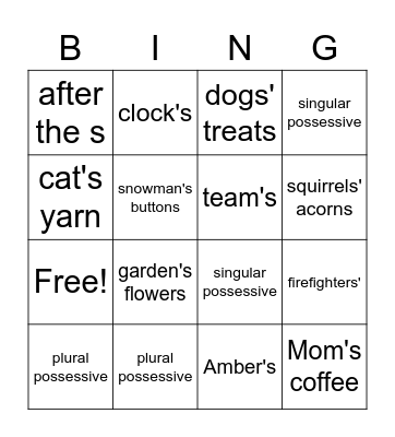 Possessive Nouns Bingo Card