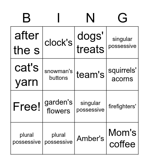 Possessive Nouns Bingo Card