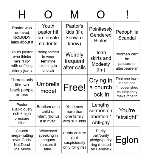 RELIGIOUS TRAUMA (GONE WRONG) (GONE SEXUAL) (EMOTIONAL) (MONOTIZED) Bingo Card