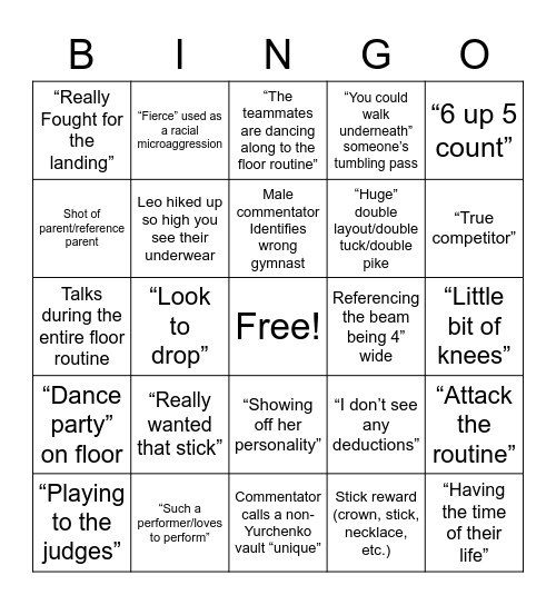 Gymnastic Announcer Bingo Card