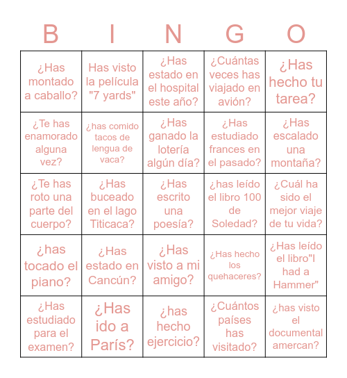 Presente perfecto Bingo Card