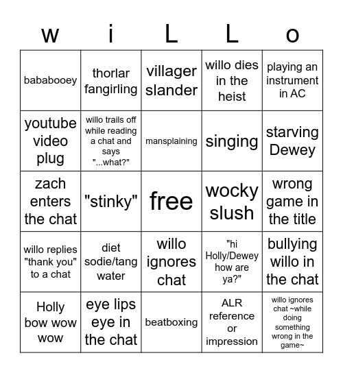 willo's twitch stream Bingo Card