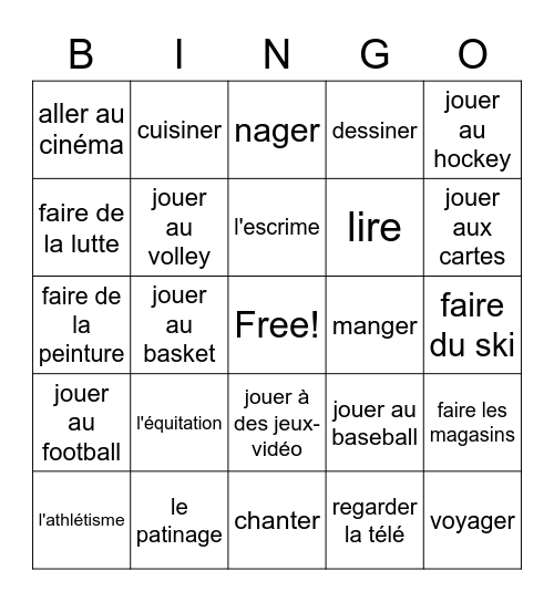 Les Passe-Temps et les Sports Bingo Card